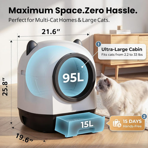 Automatic Cat Litter Box Self Cleaning Litter Box Large Capacity for Multiple Cats, App Control with Safety Sensors, Includes Scent Cartridge & 3 Roll Garbage Bags