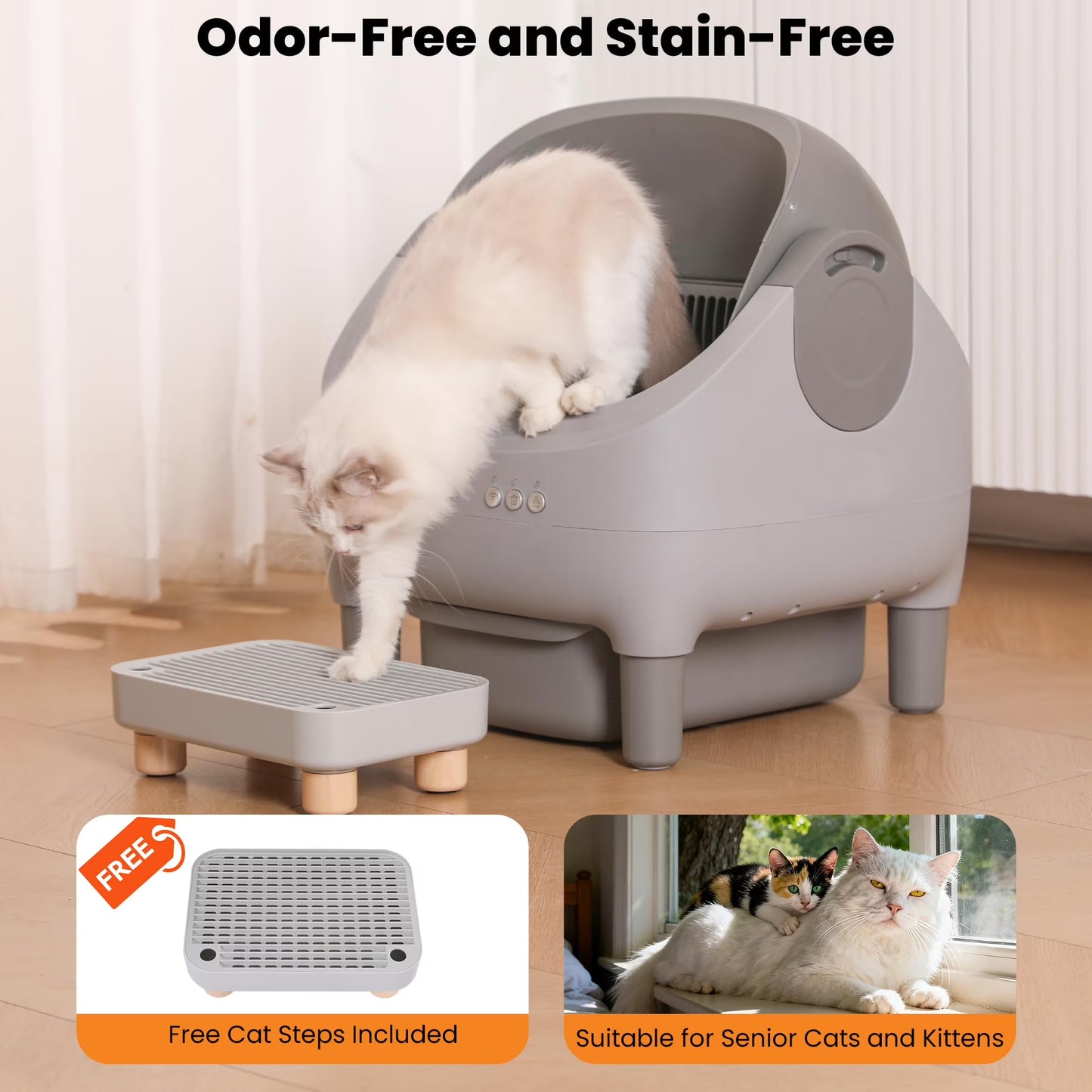 Upgraded Automatic Litter Box Self Cleaning, with Raised Step, Open Top Large Capacity for Multiple Cats, Odor Control ,Safety Protection , Smart App Control ,Health Monitoring ,Quiet Operation